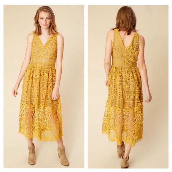 Altar’d State Camarilla crochet lace sleeveless midi dress Size XS mustard yello - Picture 1 of 11